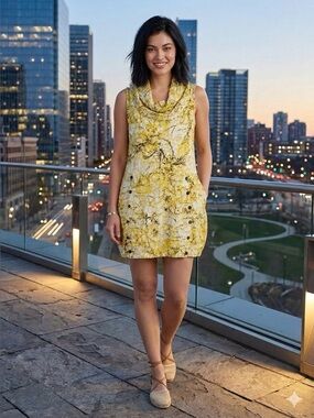 Kaliyana Forsythia Carnaby Yellow Decorative Cowl Neck BubbleTunic Dress Size 14